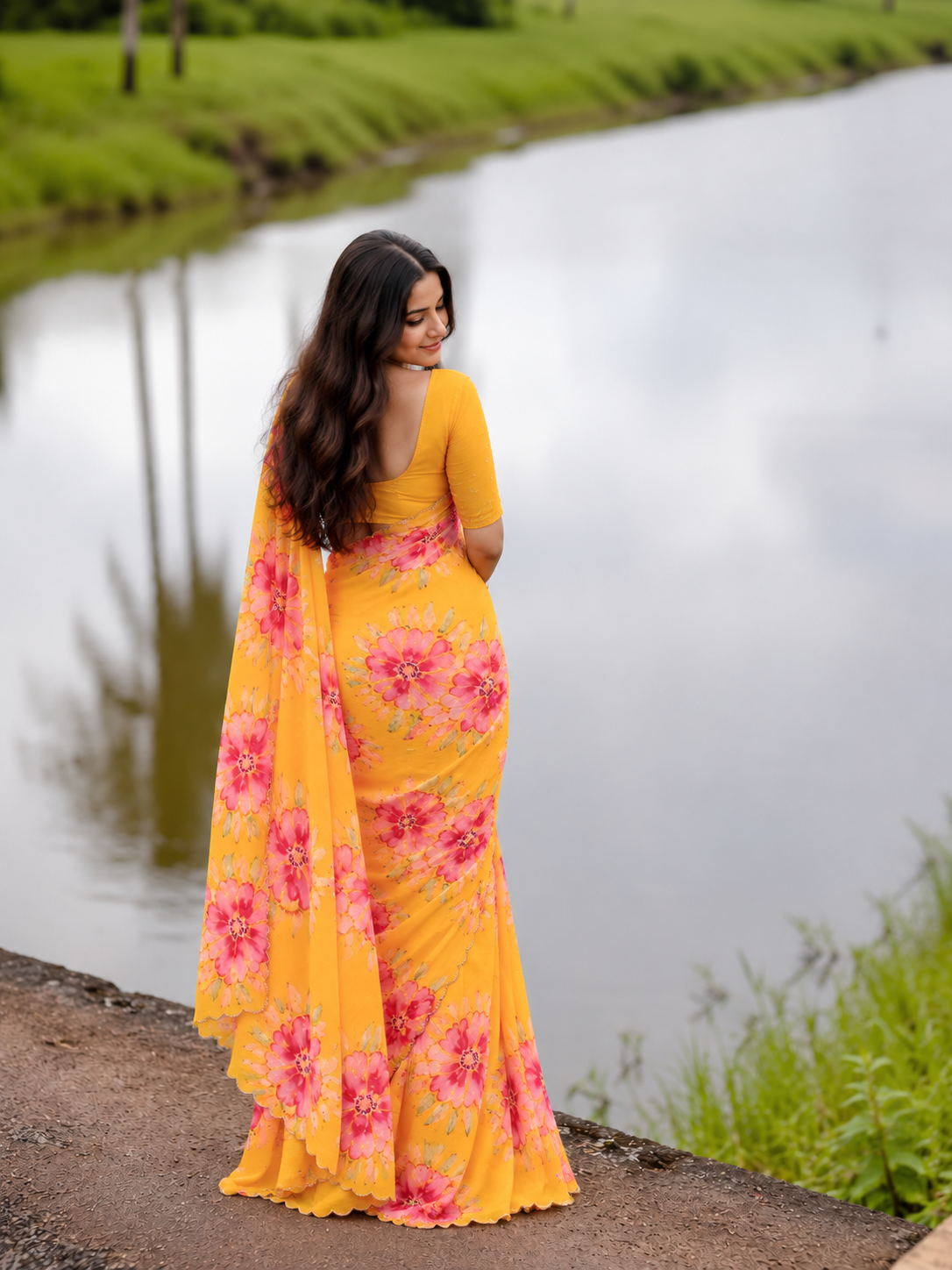 Varnika Pure Chinon Silk Saree | Floral Print & Khatli Handwork