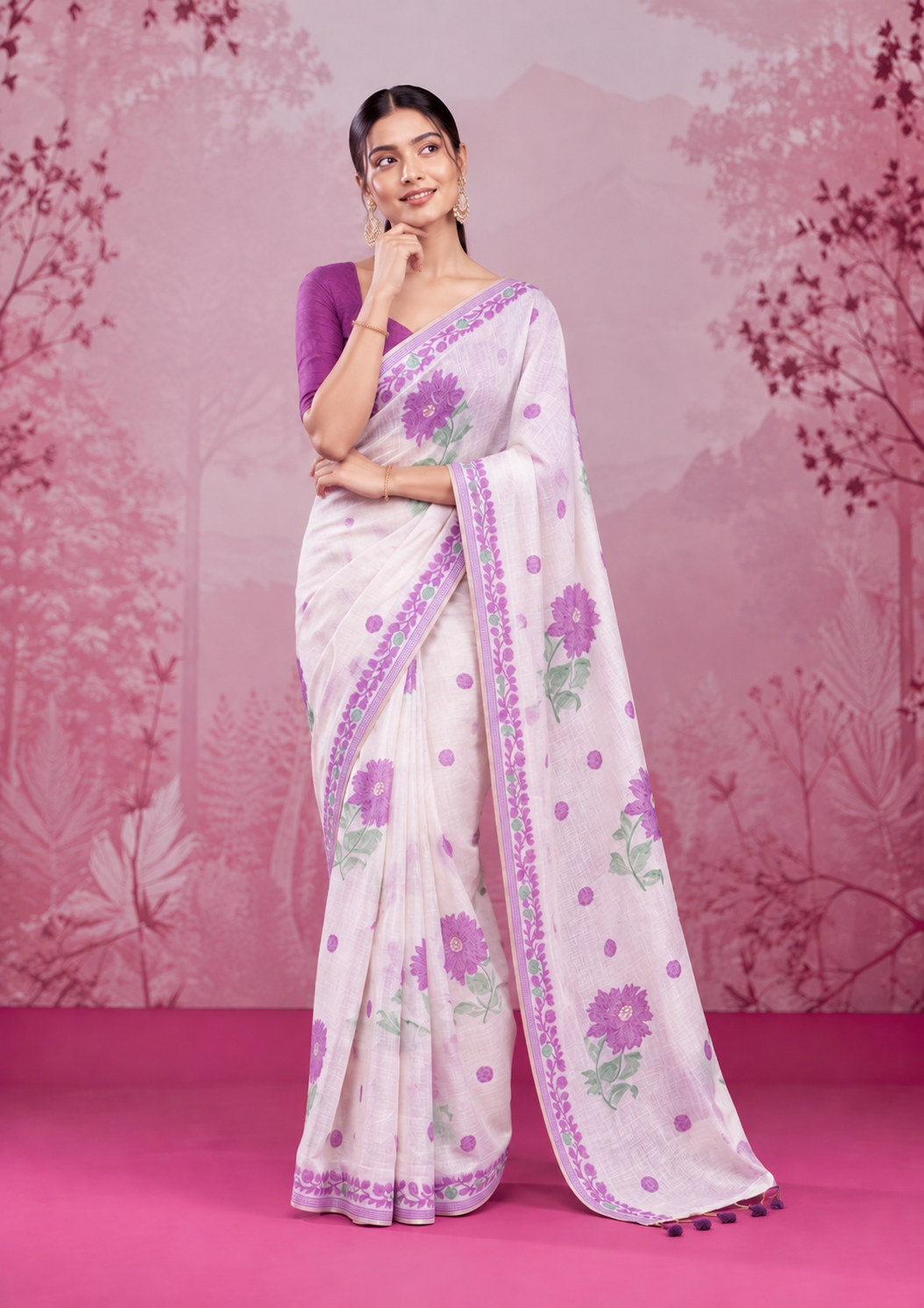 Mogra Soft Muga Cotton Saree | Jamdani Woven Border & Resham Butta