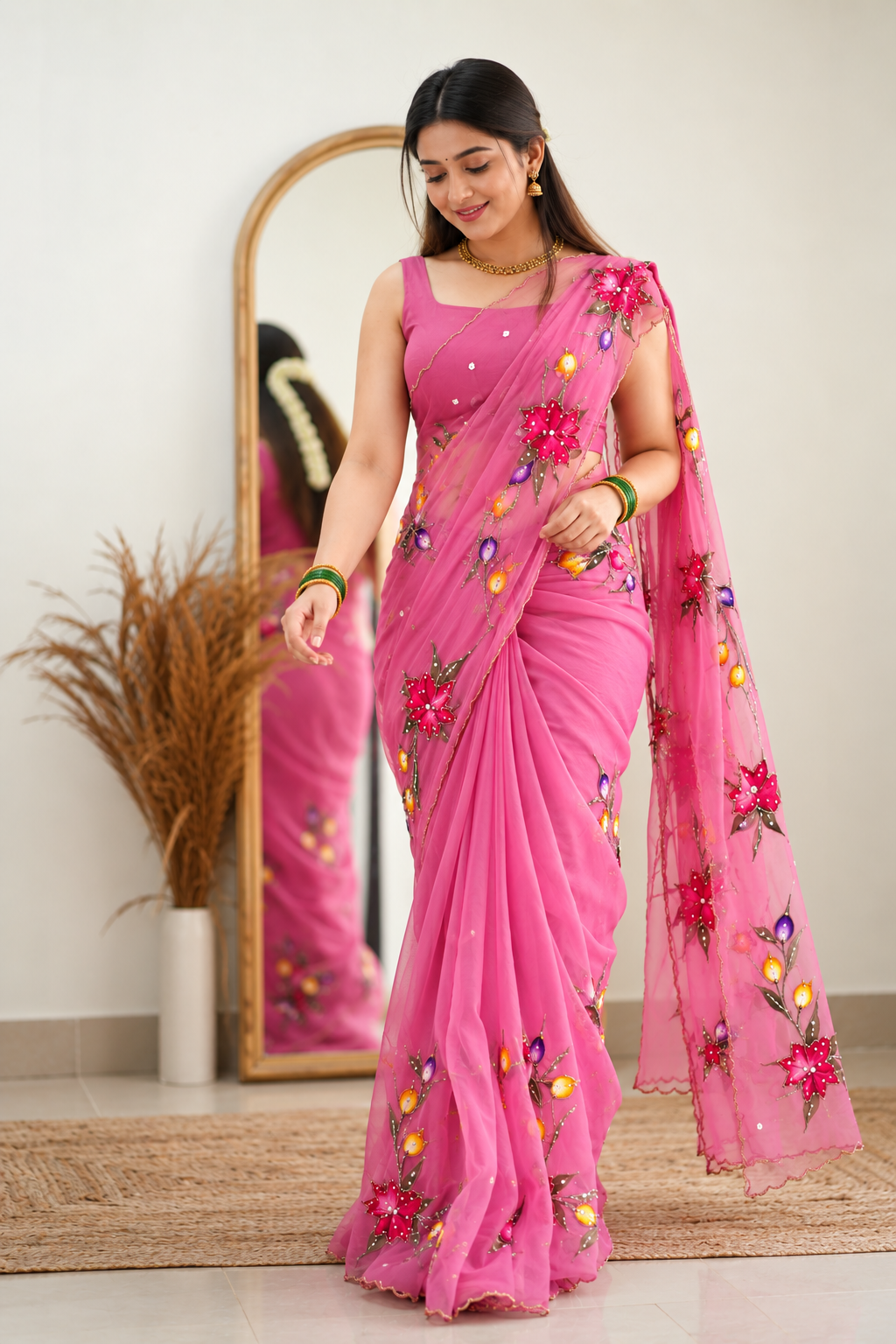 Chitrali Pure Chiffon Saree | Hand-Painted Floral & Khatli Work