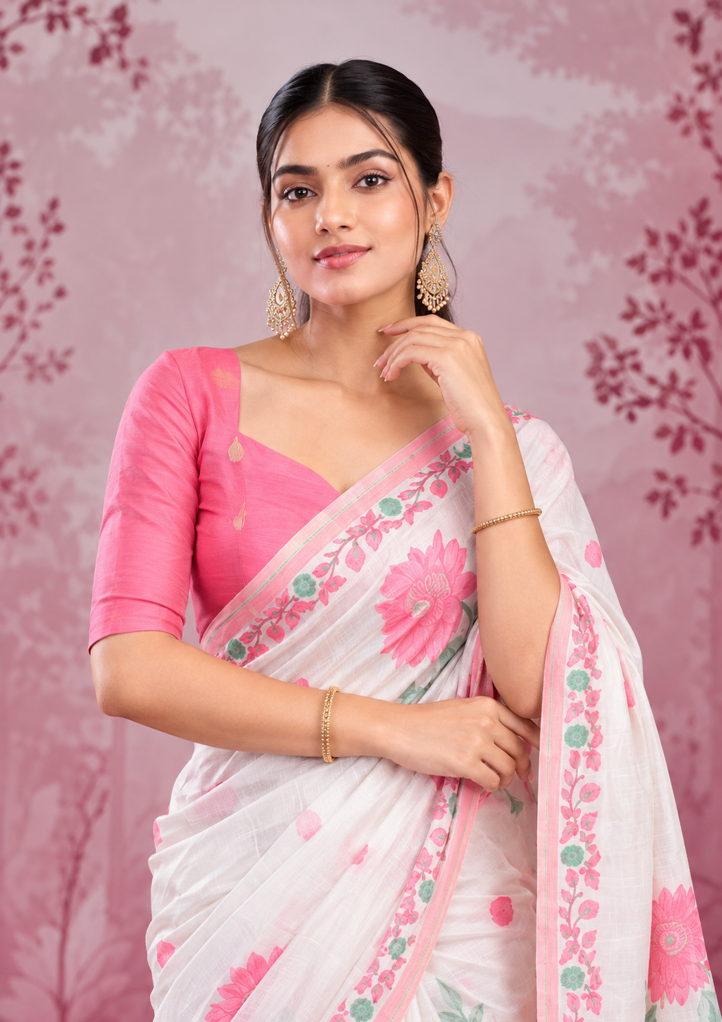 Mogra Soft Muga Cotton Saree | Jamdani Woven Border & Resham Butta