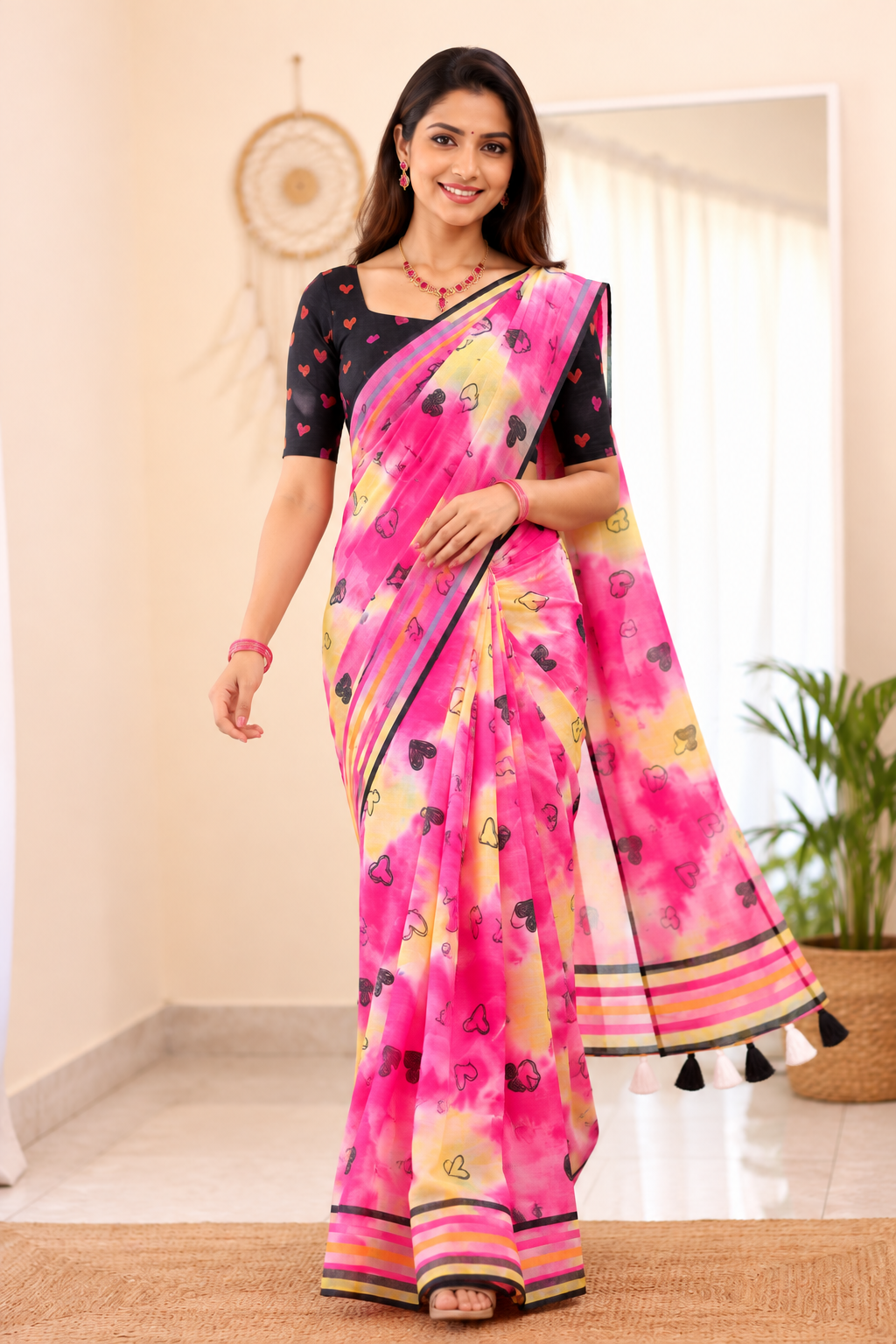 Amouré Linen Saree | Heart Print & Striped Border