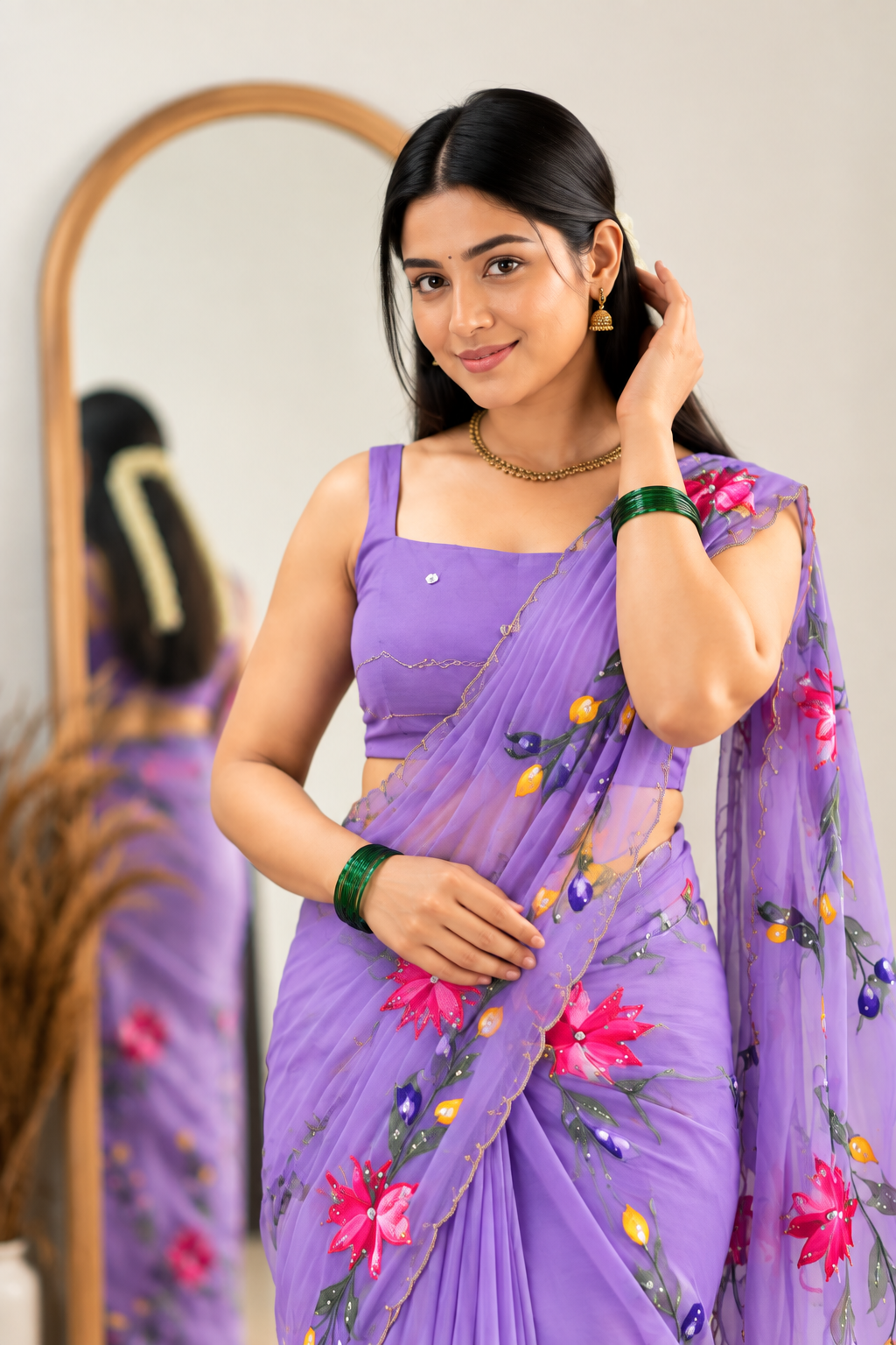 Chitrali Pure Chiffon Saree | Hand-Painted Floral & Khatli Work