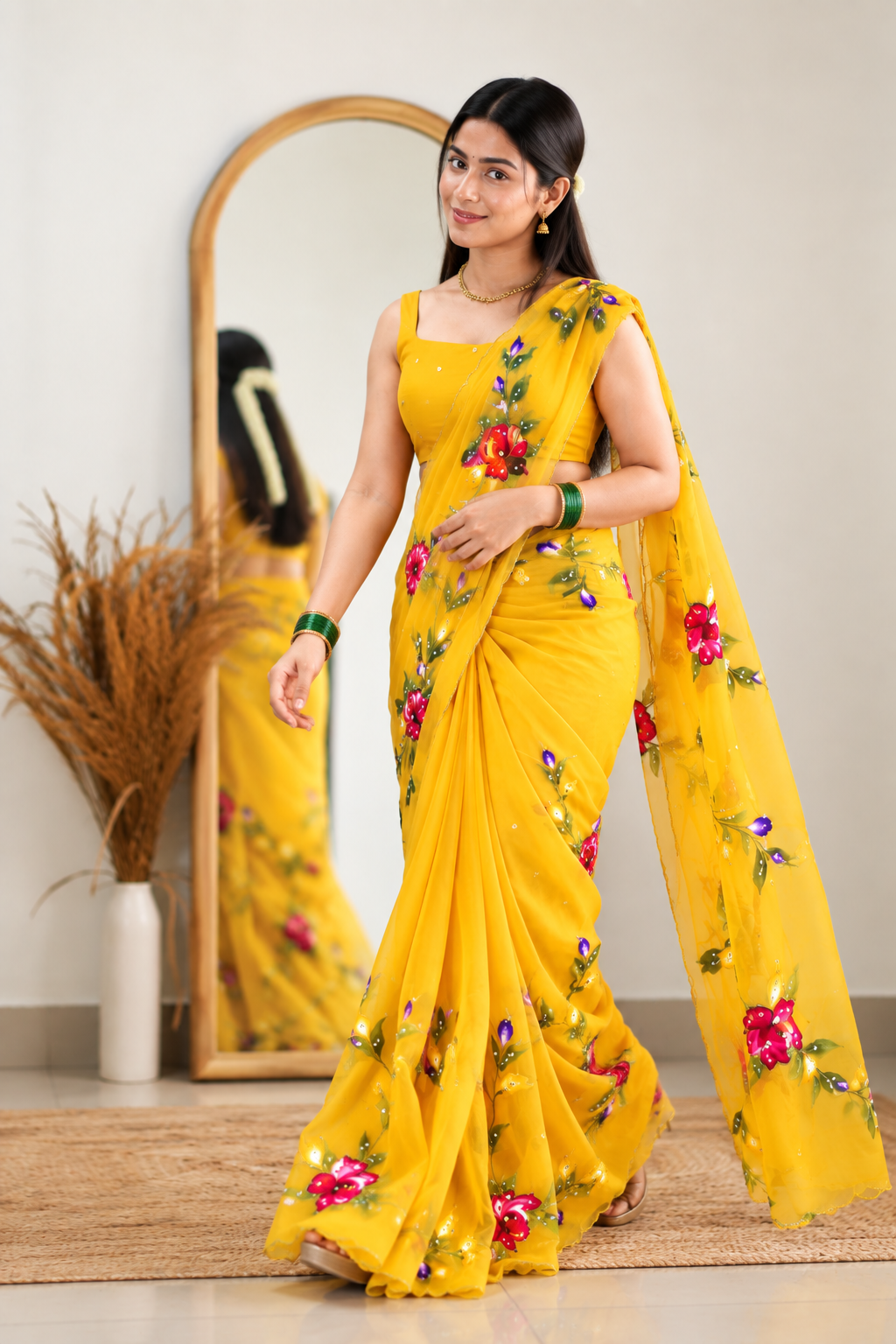 Chitrali Pure Chiffon Saree | Hand-Painted Floral & Khatli Work