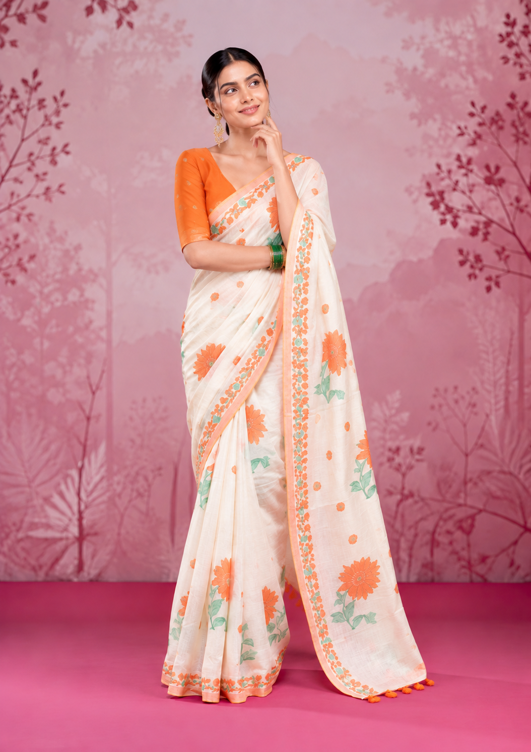 Mogra Soft Muga Cotton Saree | Jamdani Woven Border & Resham Butta