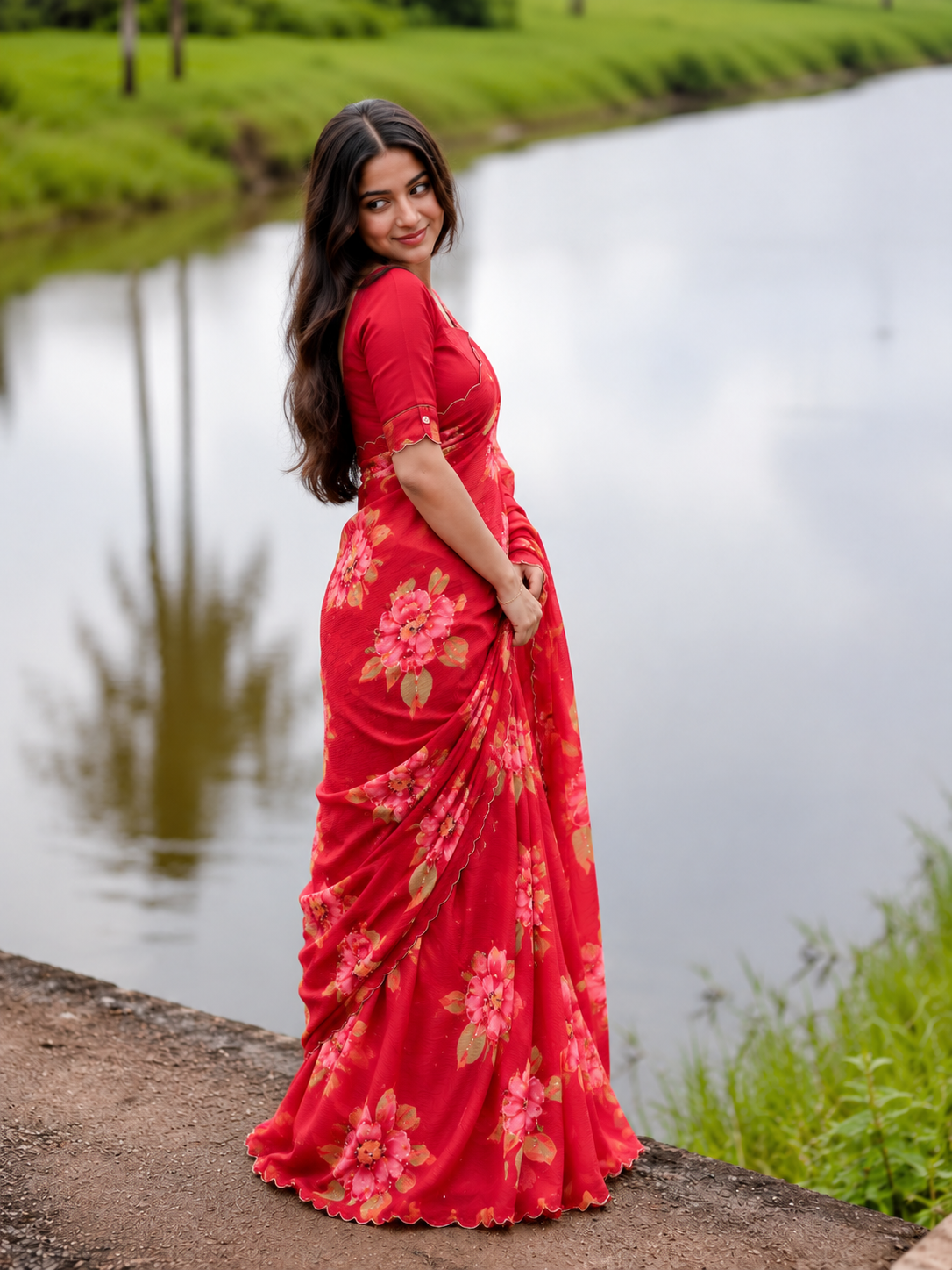 Varnika Pure Chinon Silk Saree | Floral Print & Khatli Handwork