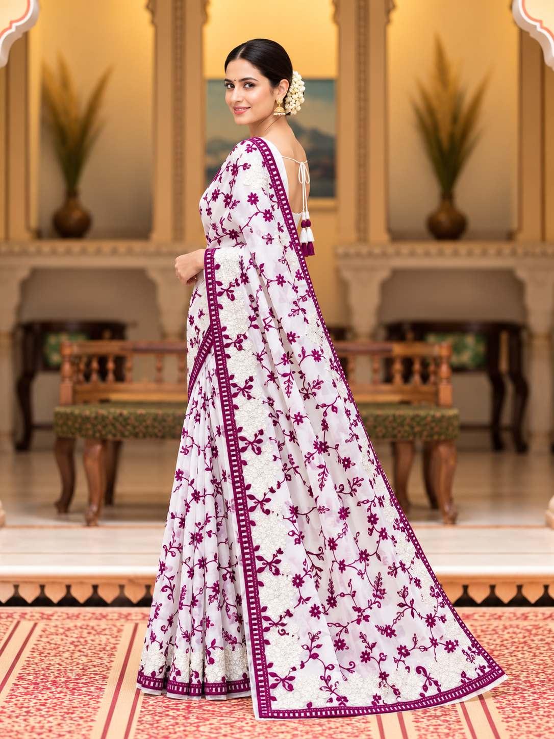 Kashida Georgette Saree | Chikankari & Cutwork Embroidery
