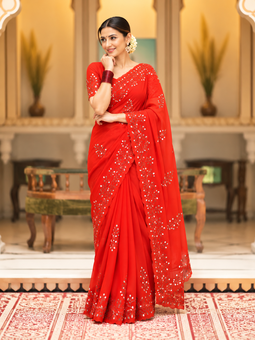 Evara Pure Georgette Saree | Handcrafted Mirror & Khatli Work