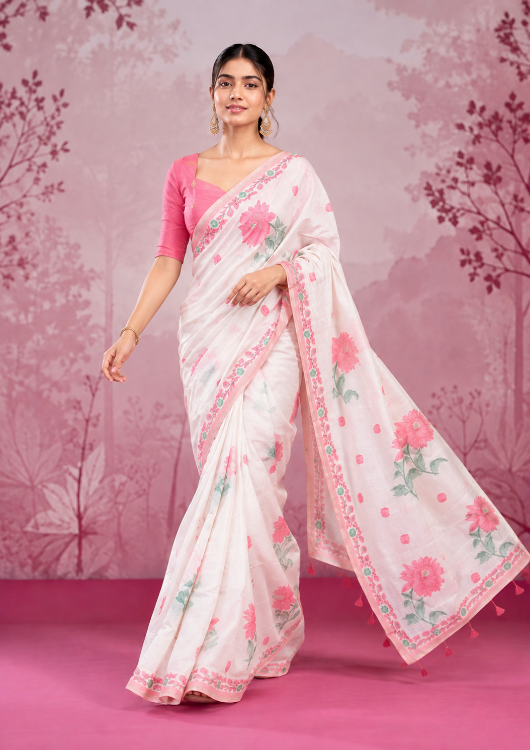 Mogra Soft Muga Cotton Saree | Jamdani Woven Border & Resham Butta