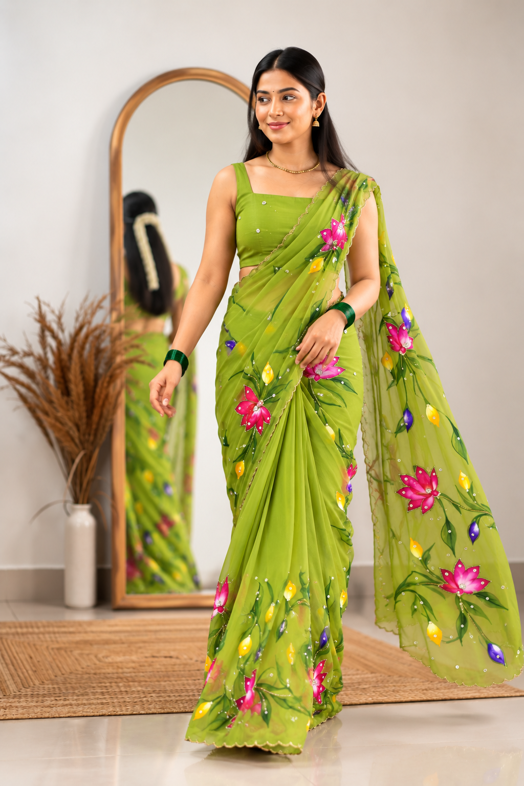 Chitrali Pure Chiffon Saree | Hand-Painted Floral & Khatli Work
