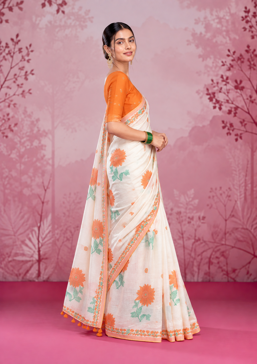 Mogra Soft Muga Cotton Saree | Jamdani Woven Border & Resham Butta