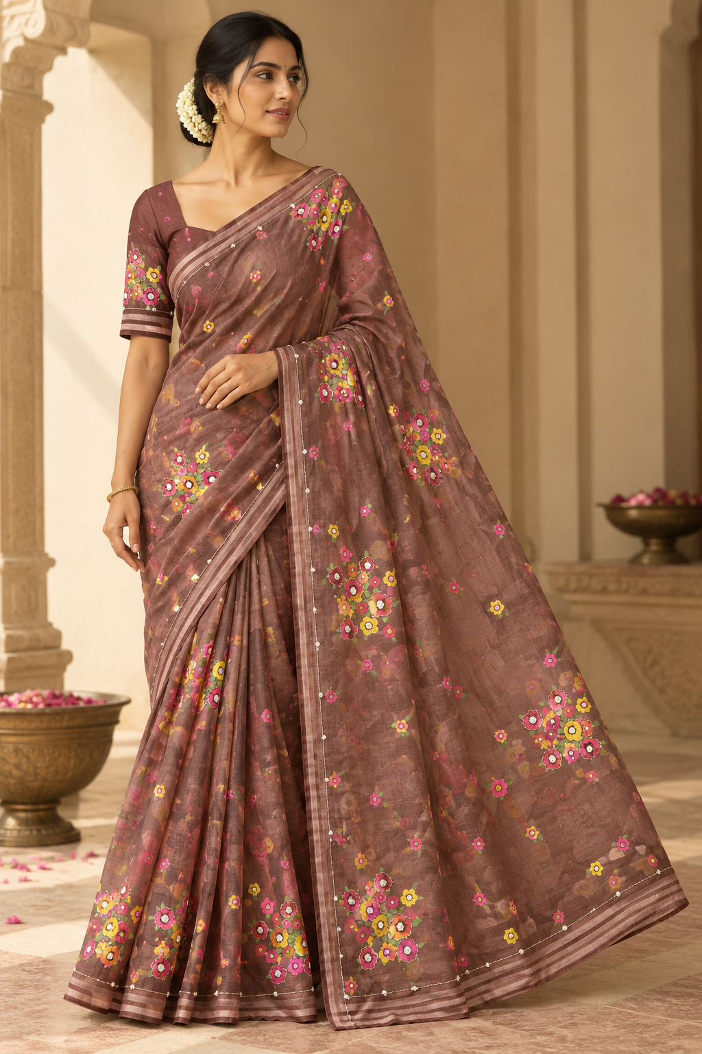Cocoa Bloom Tebby Silk Saree | Floral Print, Katdana & Sequin Work