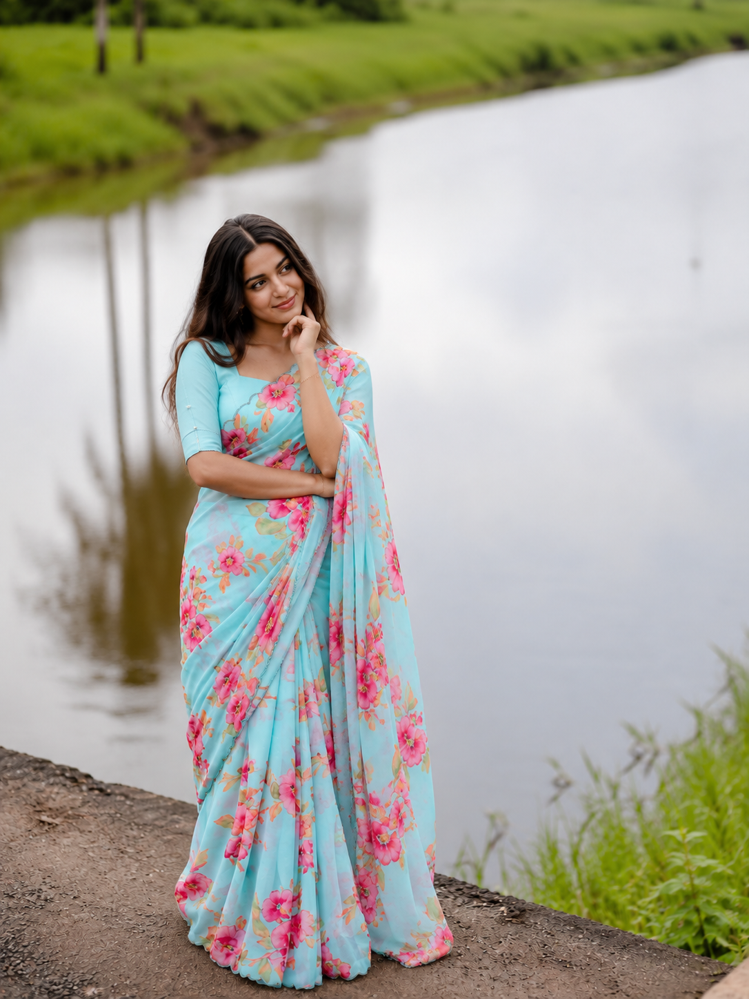 Varnika Pure Chinon Silk Saree | Floral Print & Khatli Handwork