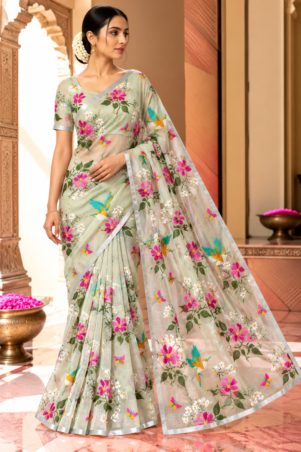 Meadow Song Pure Kota Doriya Saree | Floral & Bird Embroidery