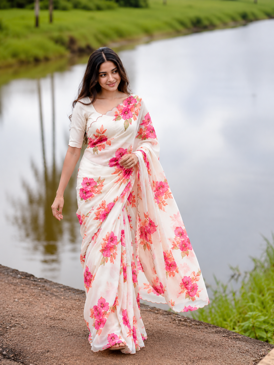 Varnika Pure Chinon Silk Saree | Floral Print & Khatli Handwork