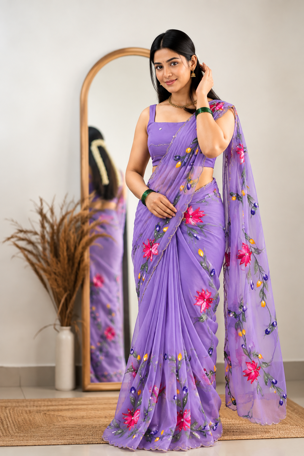 Chitrali Pure Chiffon Saree | Hand-Painted Floral & Khatli Work