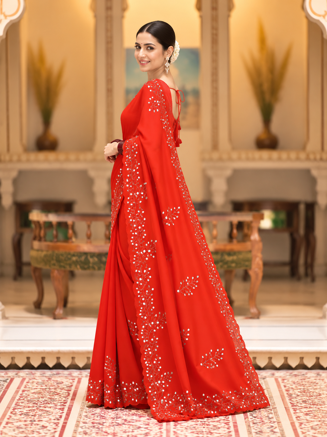 Evara Pure Georgette Saree | Handcrafted Mirror & Khatli Work
