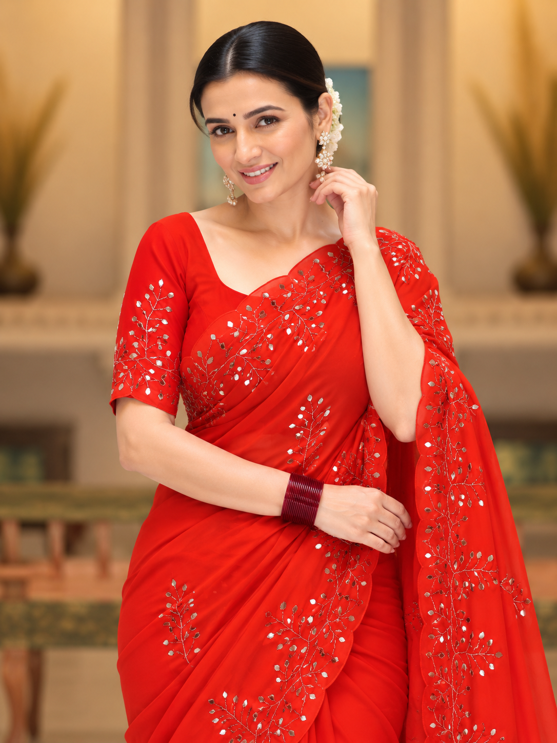 Evara Pure Georgette Saree | Handcrafted Mirror & Khatli Work