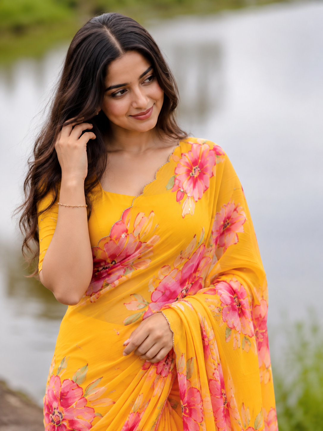 Varnika Pure Chinon Silk Saree | Floral Print & Khatli Handwork