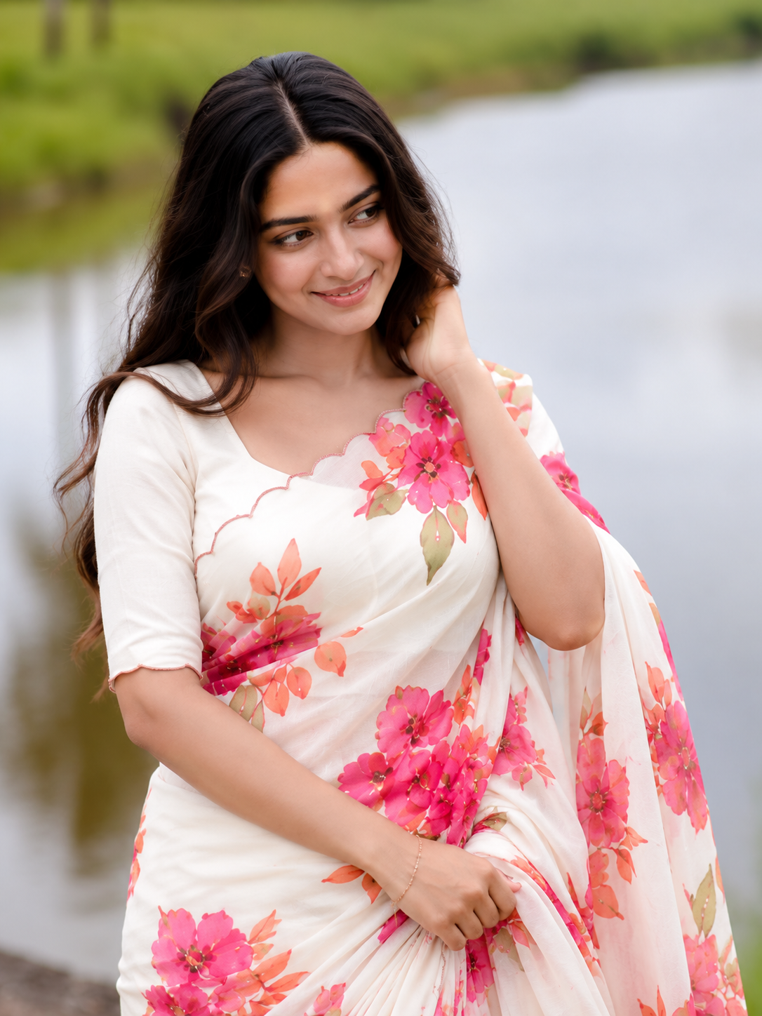 Varnika Pure Chinon Silk Saree | Floral Print & Khatli Handwork