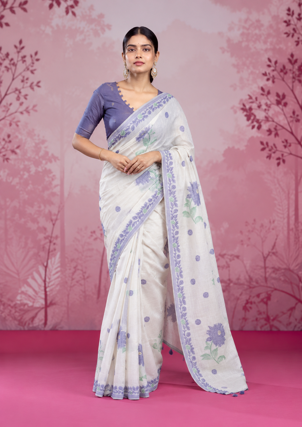 Mogra Soft Muga Cotton Saree | Jamdani Woven Border & Resham Butta