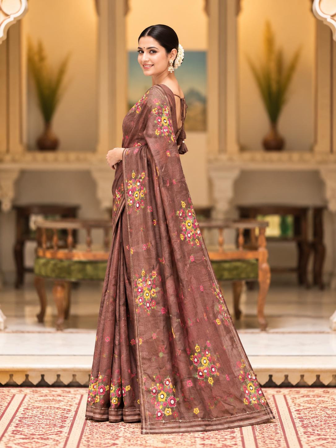 Cocoa Bloom Tebby Silk Saree | Floral Print, Katdana & Sequin Work