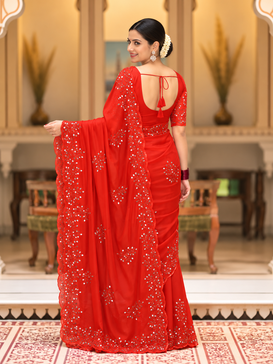 Evara Pure Georgette Saree | Handcrafted Mirror & Khatli Work