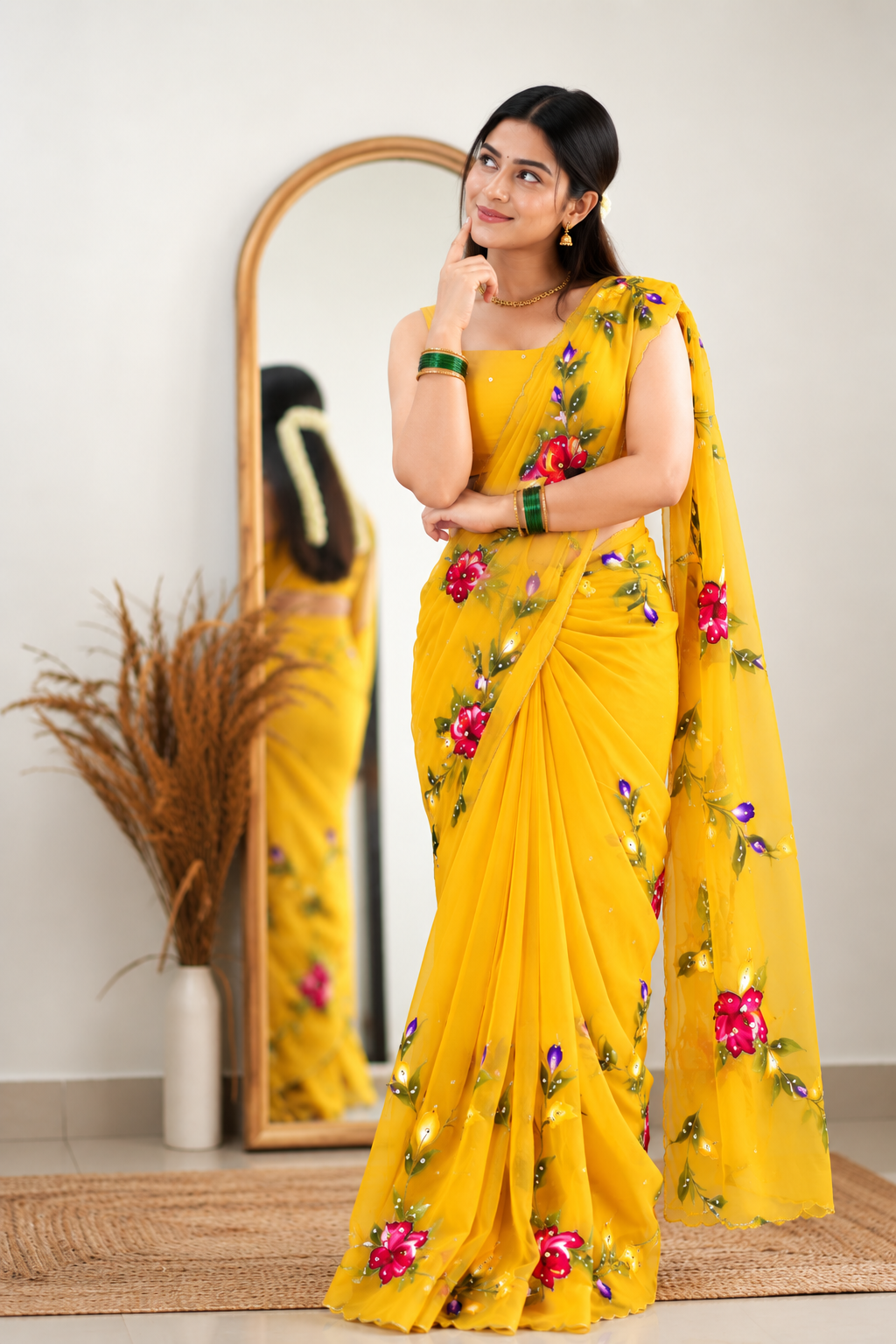 Chitrali Pure Chiffon Saree | Hand-Painted Floral & Khatli Work
