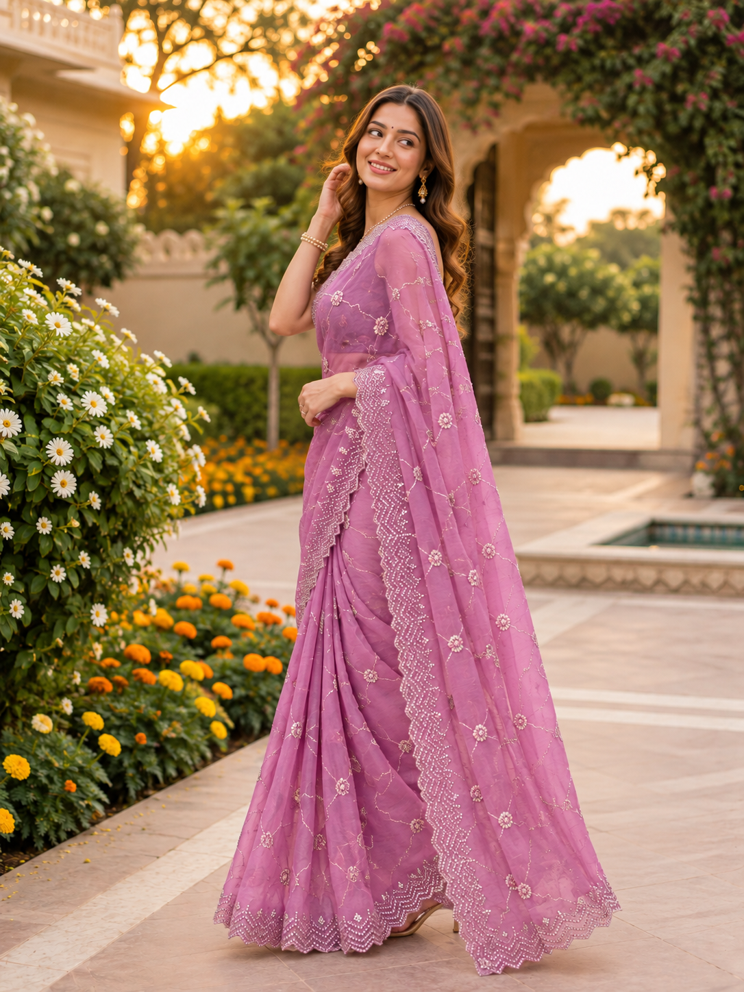Rosé Soft Vari Chiffon Saree | Sequin & Bead Embroidery
