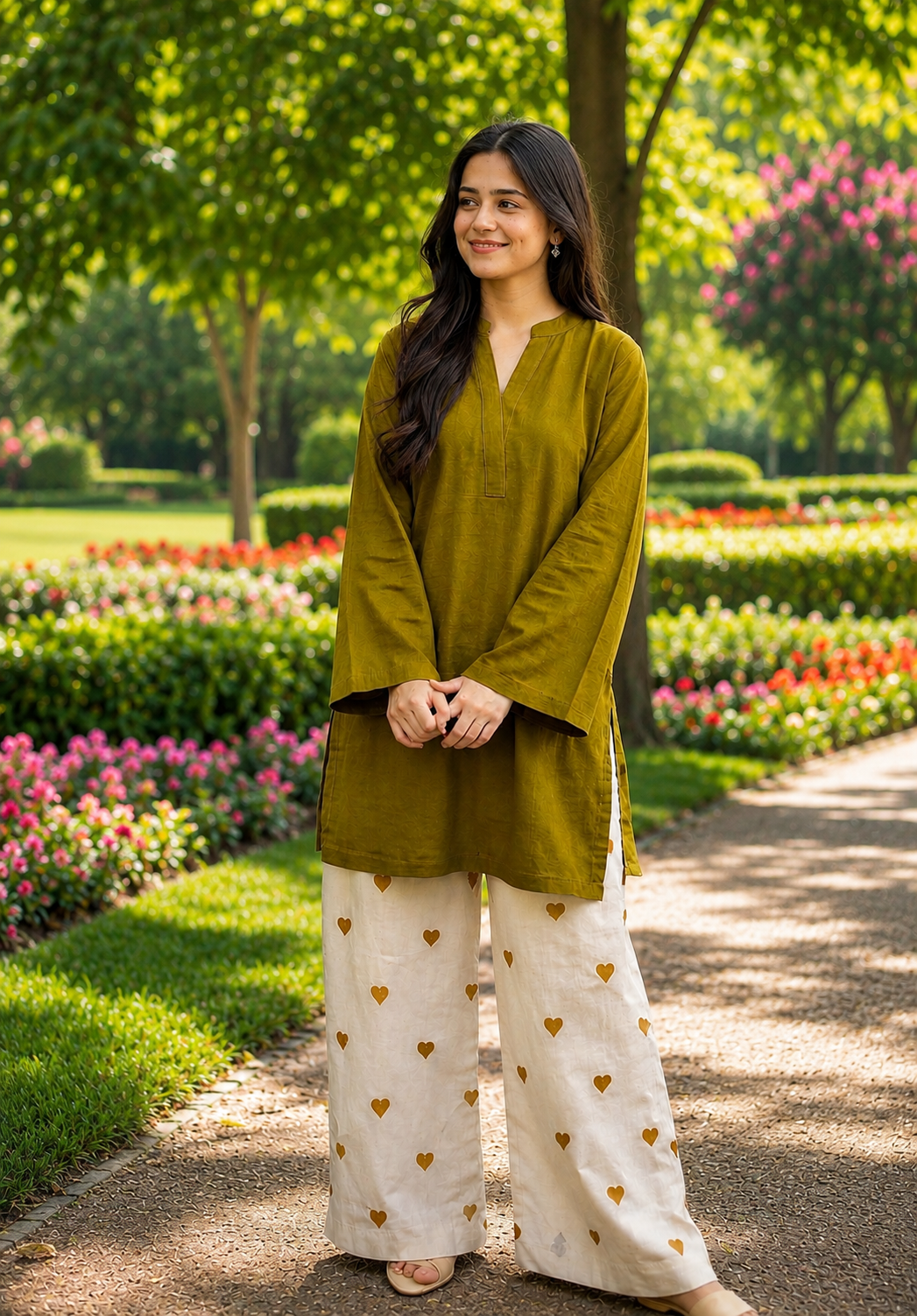 Little Heart Co-Ord Set – Olive Mustard & Ivory