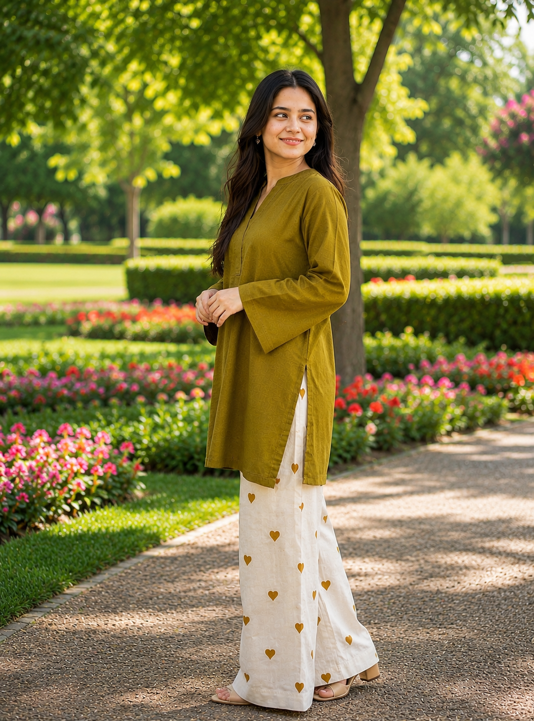 Little Heart Co-Ord Set – Olive Mustard & Ivory
