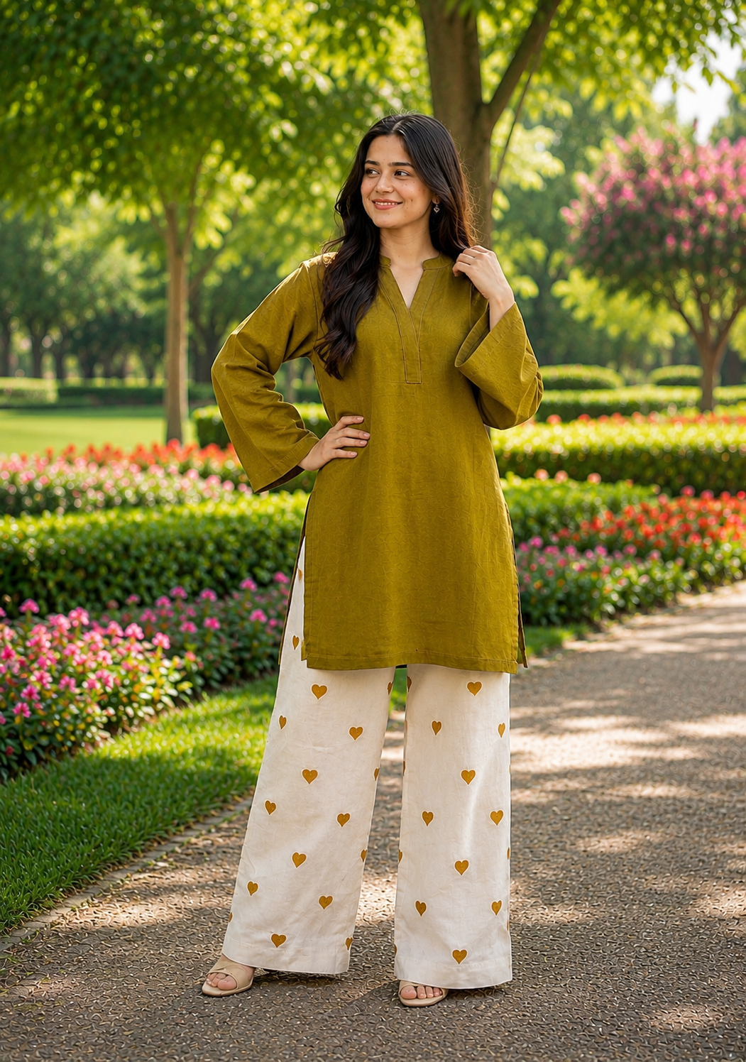 Little Heart Co-Ord Set – Olive Mustard & Ivory