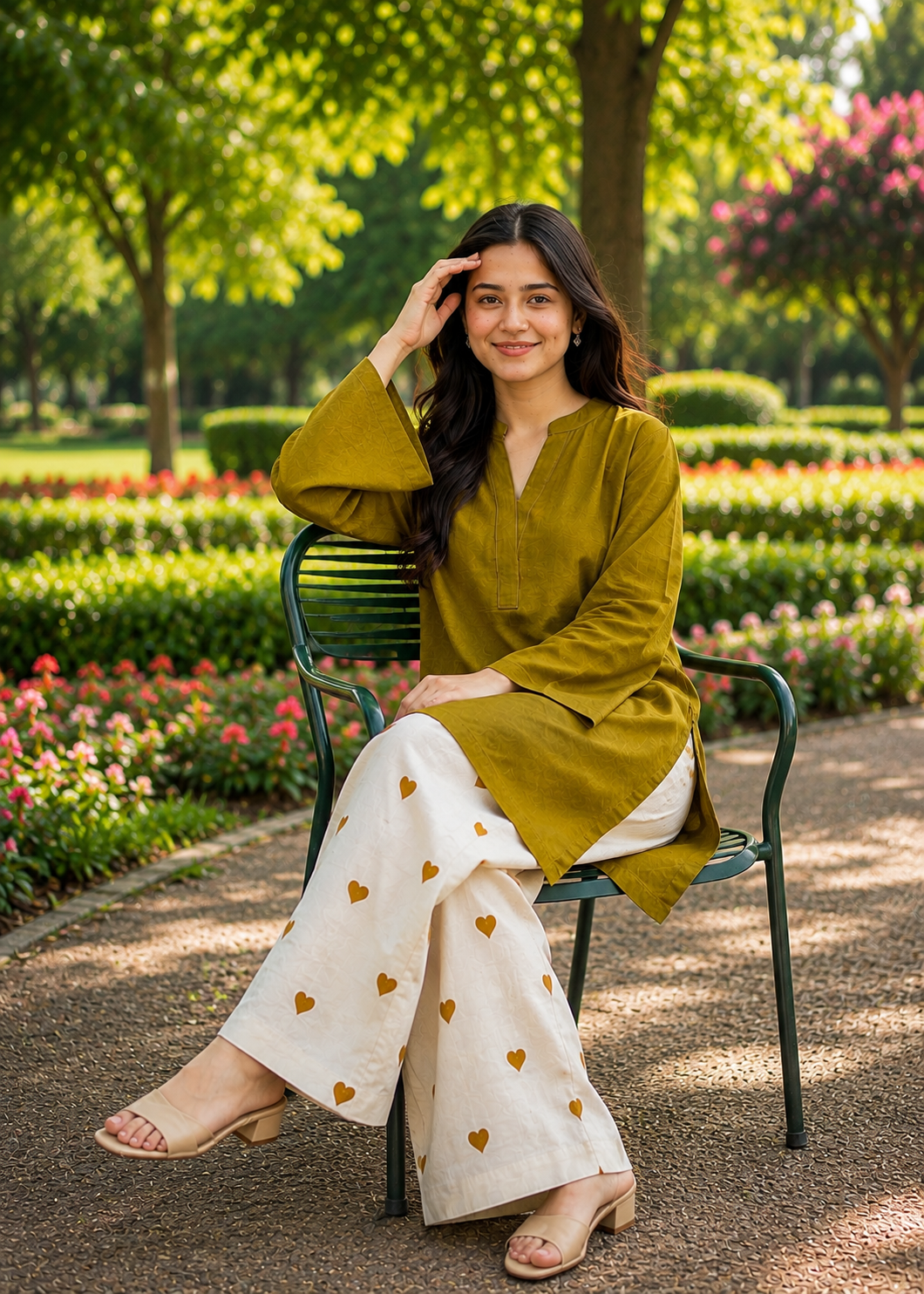 Little Heart Co-Ord Set – Olive Mustard & Ivory