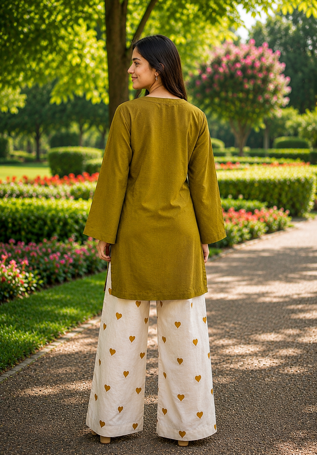 Little Heart Co-Ord Set – Olive Mustard & Ivory