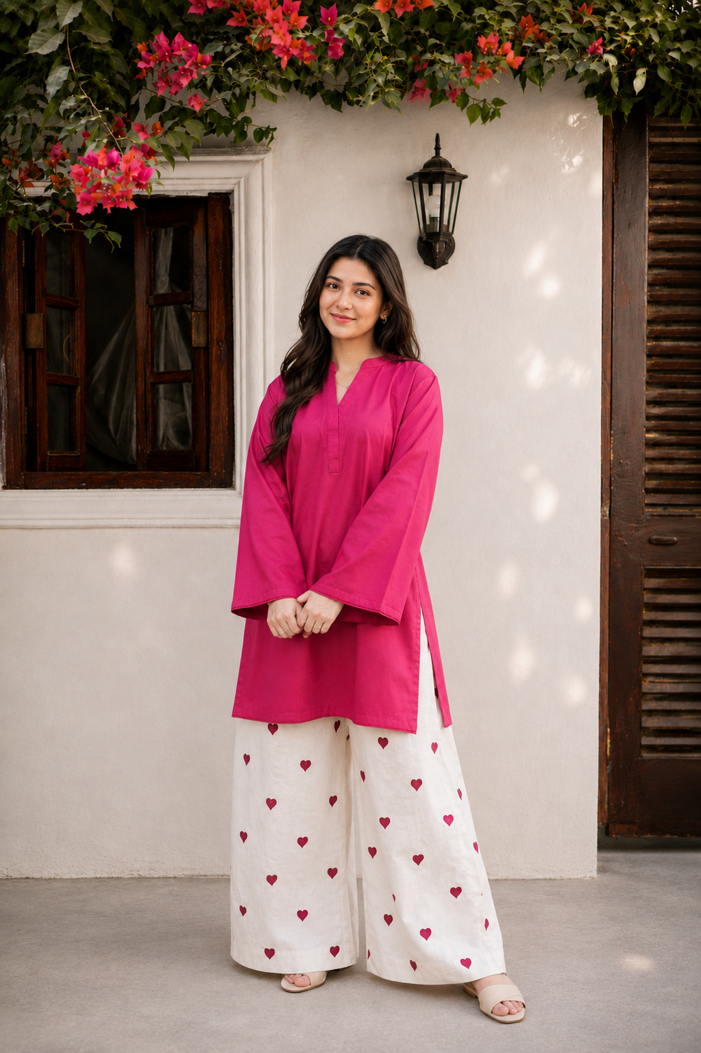 Little Heart Co-Ord Set – Fuchsia Pink & Ivory