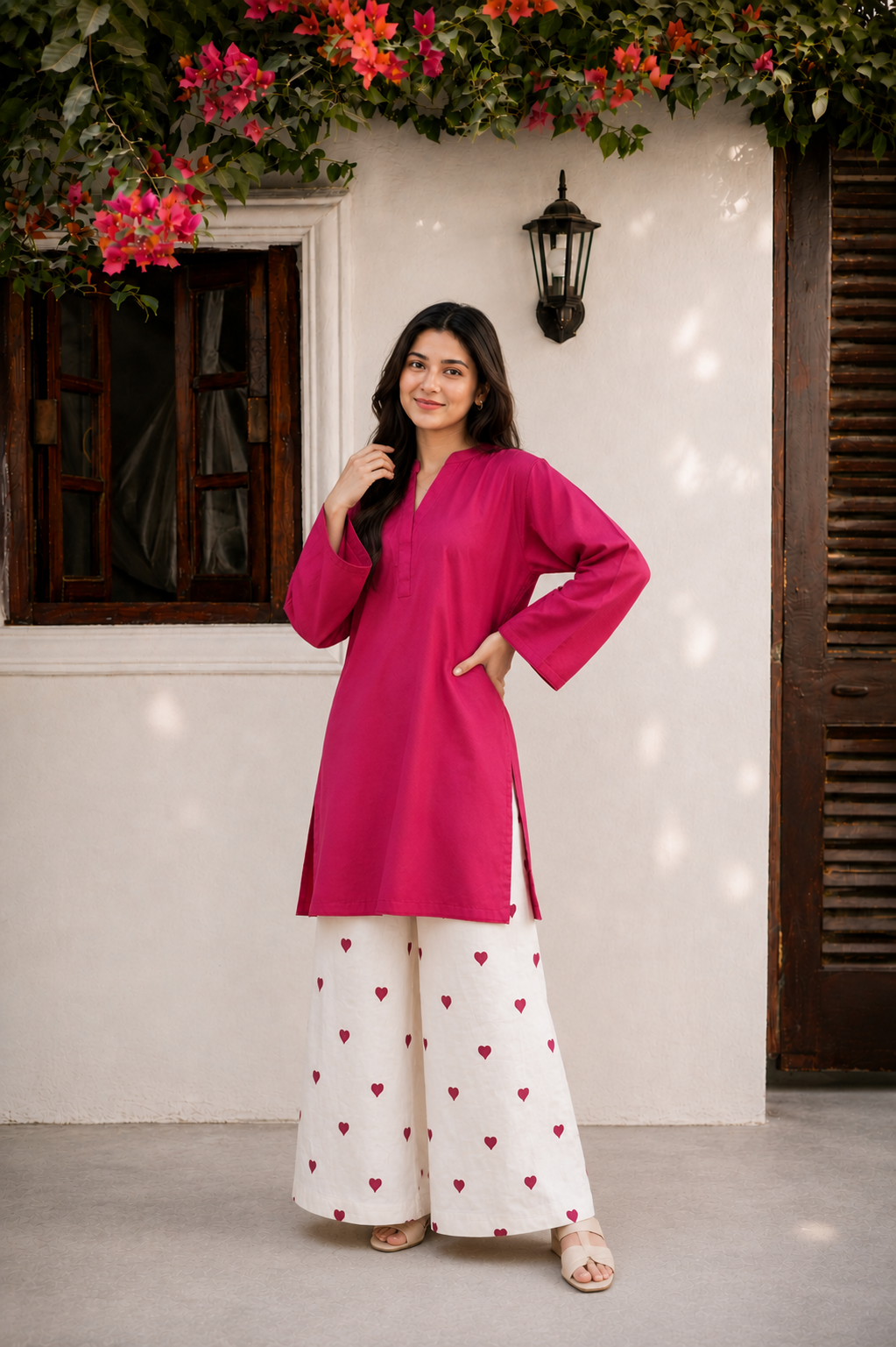 Little Heart Co-Ord Set – Fuchsia Pink & Ivory