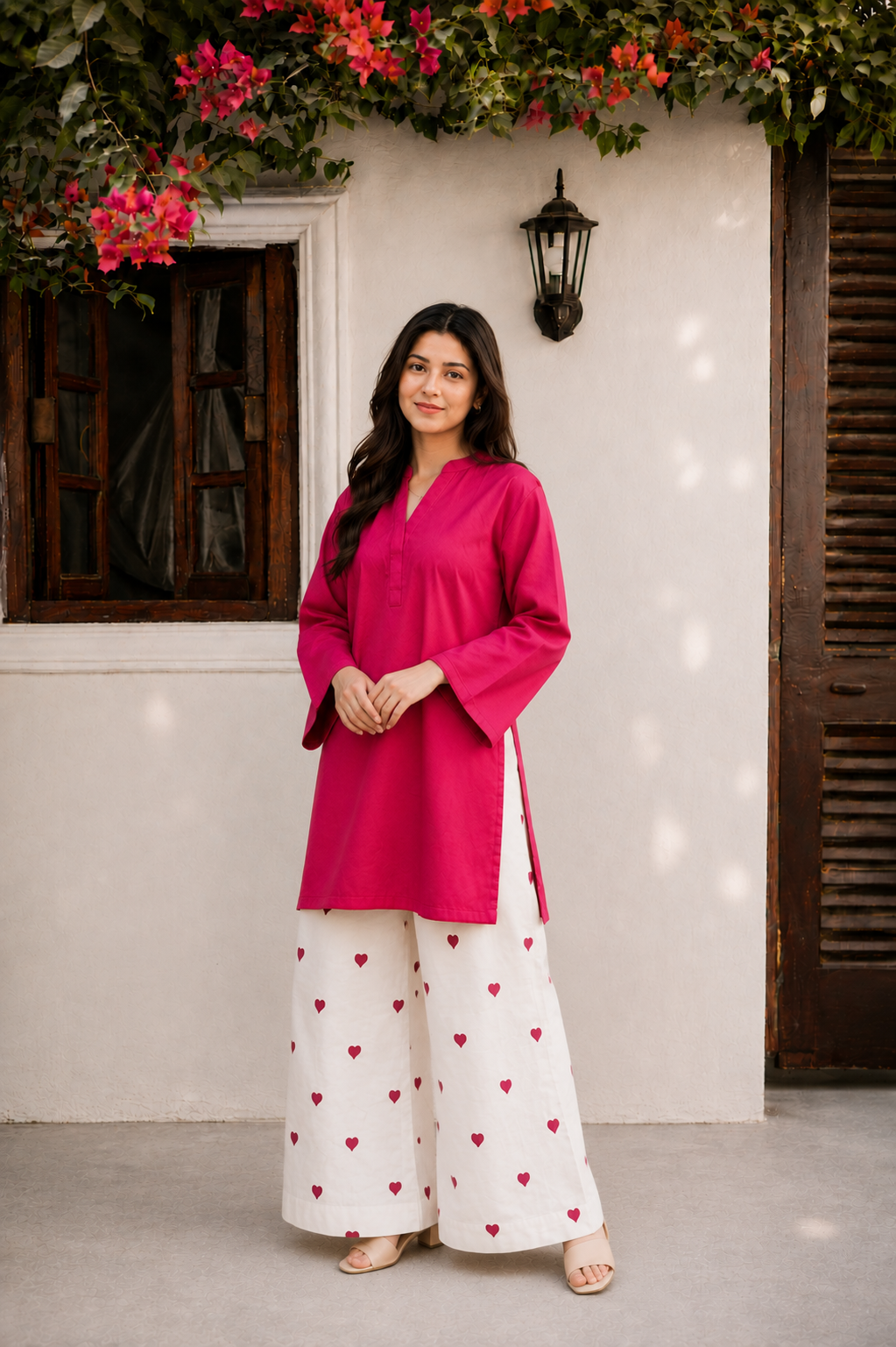 Little Heart Co-Ord Set – Fuchsia Pink & Ivory