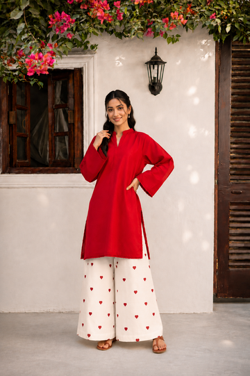 Little Heart Co-Ord Set – Scarlet Red & Ivory