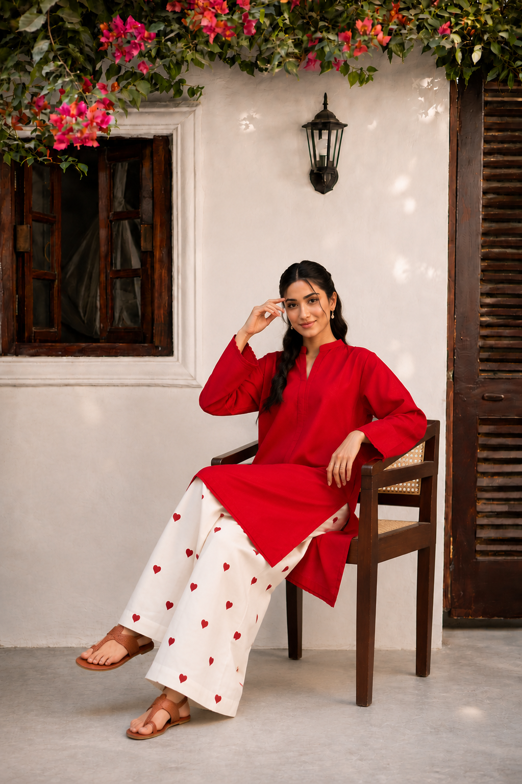 Little Heart Co-Ord Set – Scarlet Red & Ivory