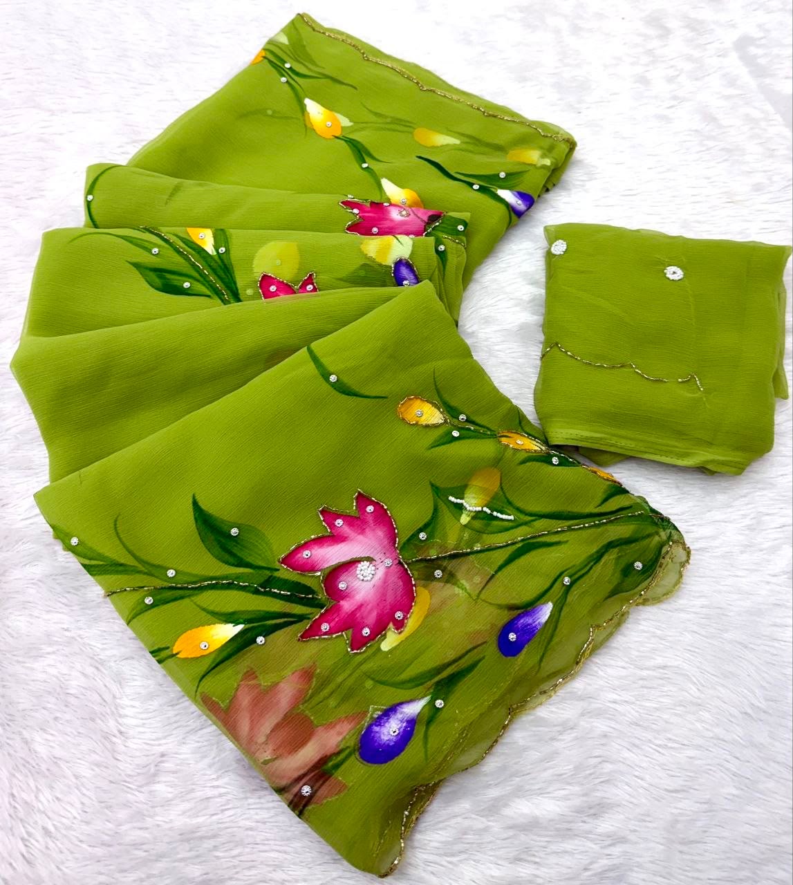 Chitrali Pure Chiffon Saree | Hand-Painted Floral & Khatli Work