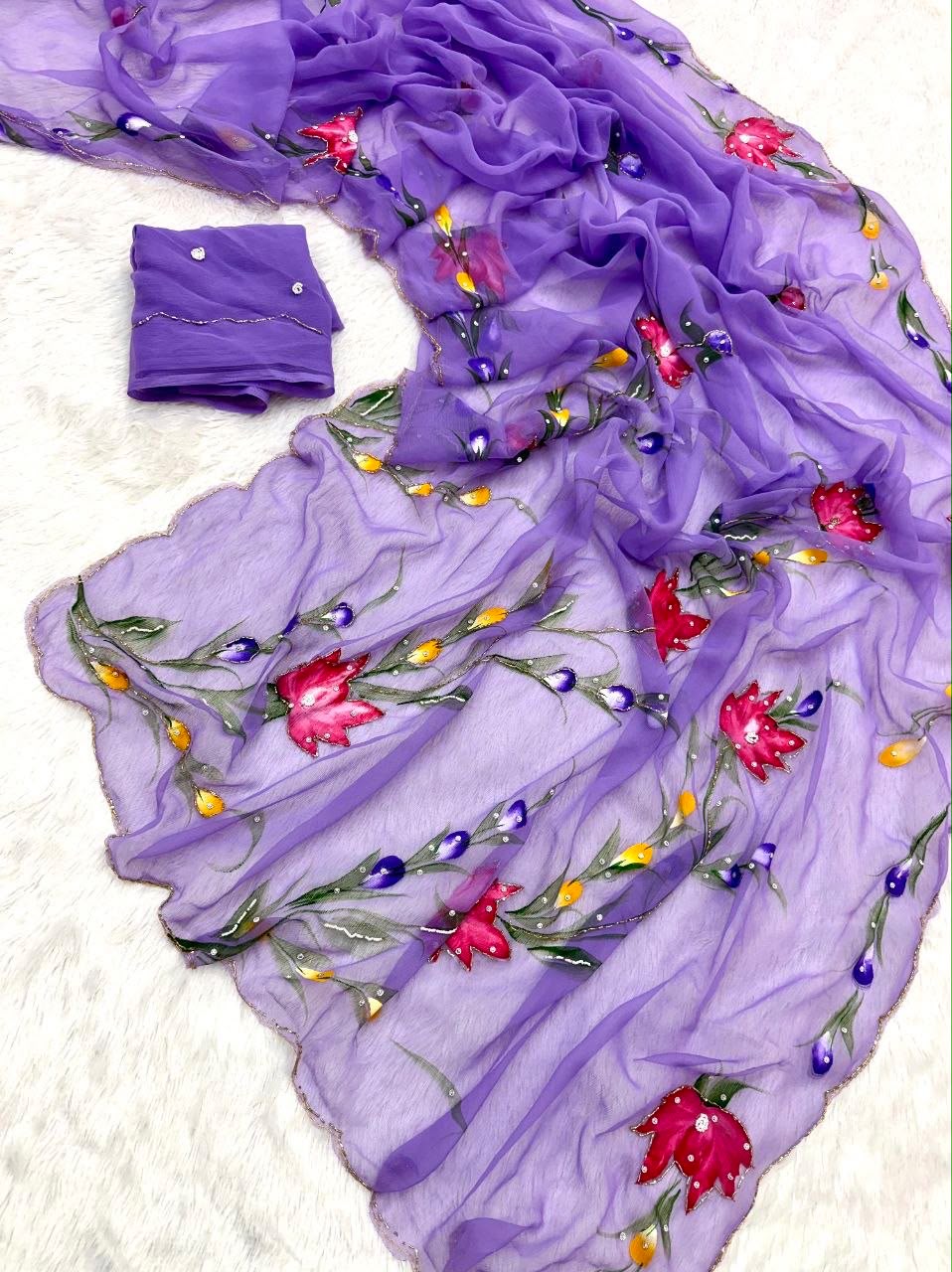 Chitrali Pure Chiffon Saree | Hand-Painted Floral & Khatli Work