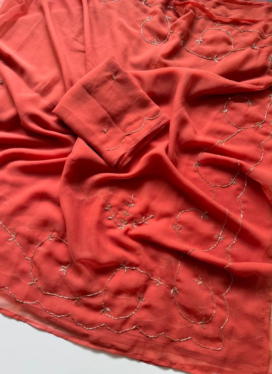 Dastoor Pure Chiffon Saree | Handcrafted Khatli Work