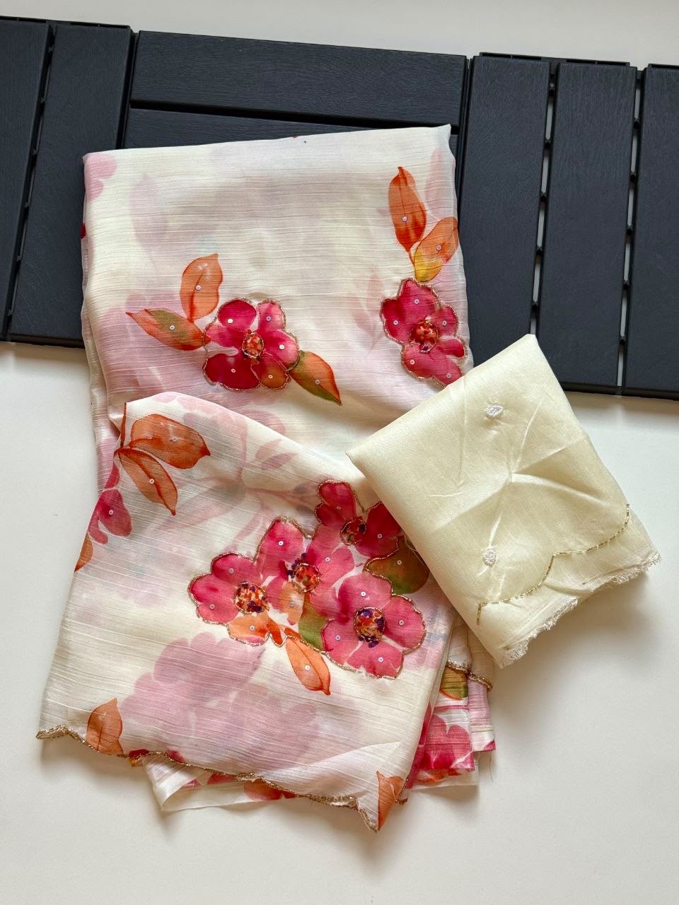 Varnika Pure Chinon Silk Saree | Floral Print & Khatli Handwork