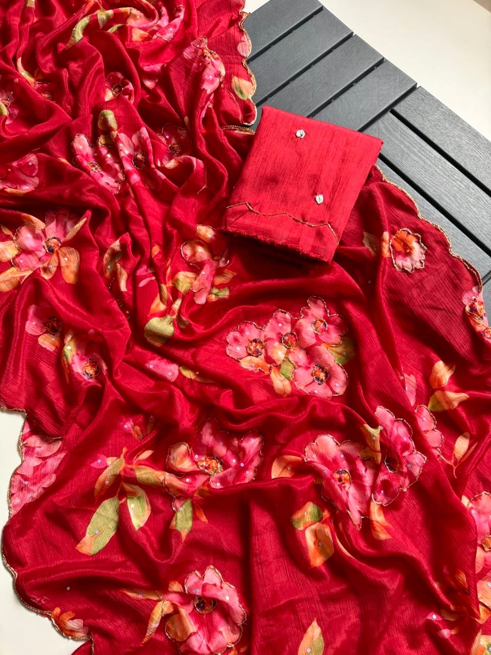 Varnika Pure Chinon Silk Saree | Floral Print & Khatli Handwork
