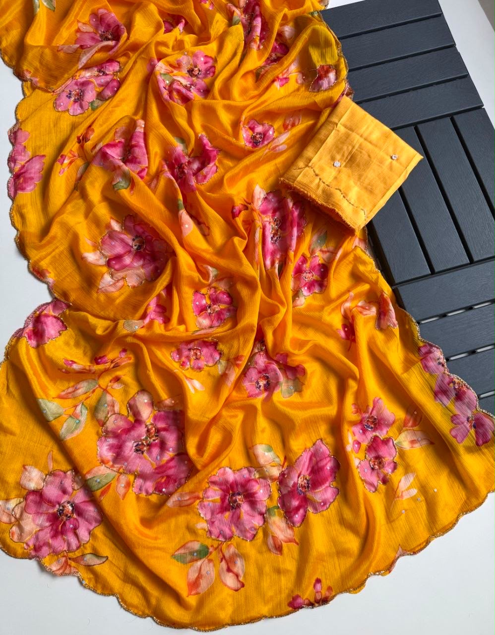Varnika Pure Chinon Silk Saree | Floral Print & Khatli Handwork