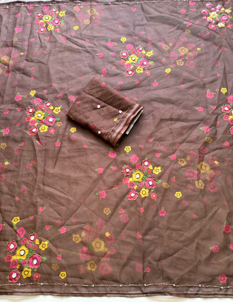 Cocoa Bloom Tebby Silk Saree | Floral Print, Katdana & Sequin Work