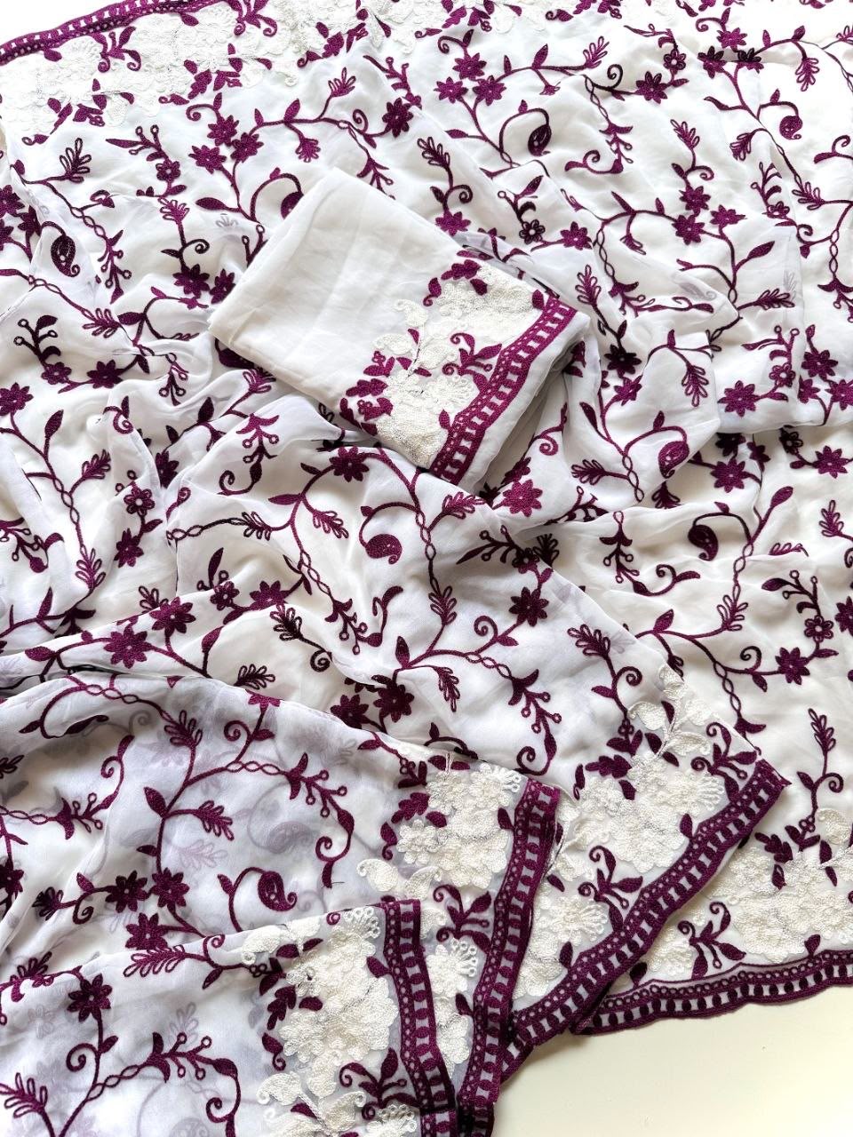 Kashida Georgette Saree | Chikankari & Cutwork Embroidery