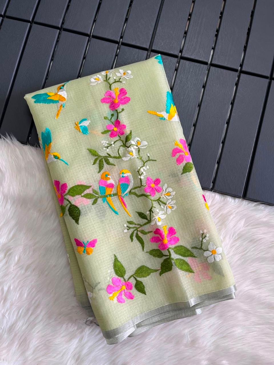 Meadow Song Pure Kota Doriya Saree | Floral & Bird Embroidery