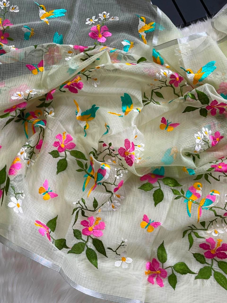 Meadow Song Pure Kota Doriya Saree | Floral & Bird Embroidery
