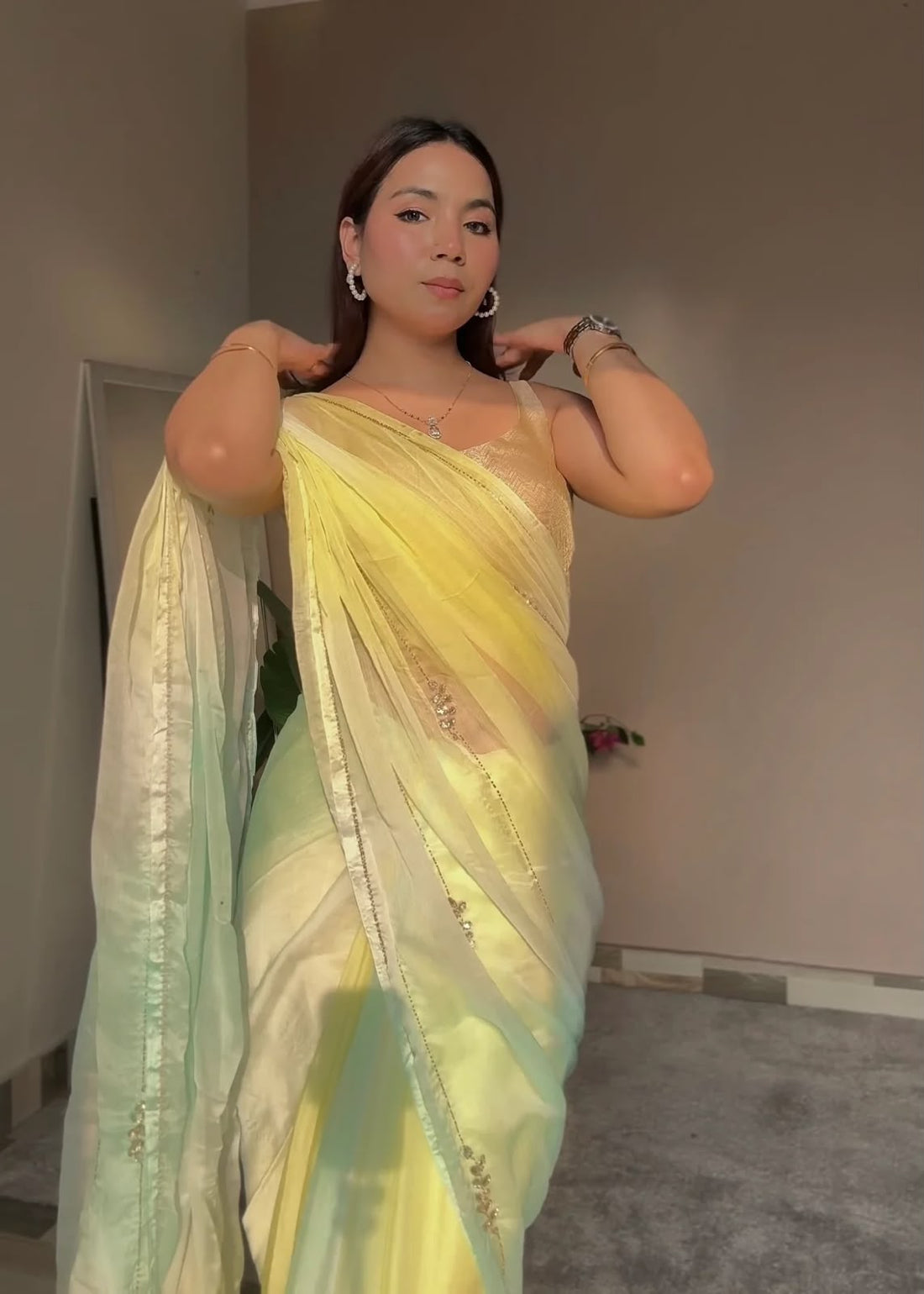 Tebi Silk Saree with Original Mirror Work & Sequin Blouse