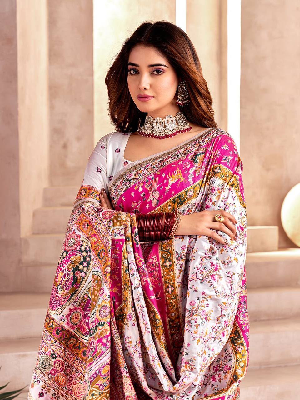 Pashmina Silk Saree with Kashmiri Thread Woven Pallu
